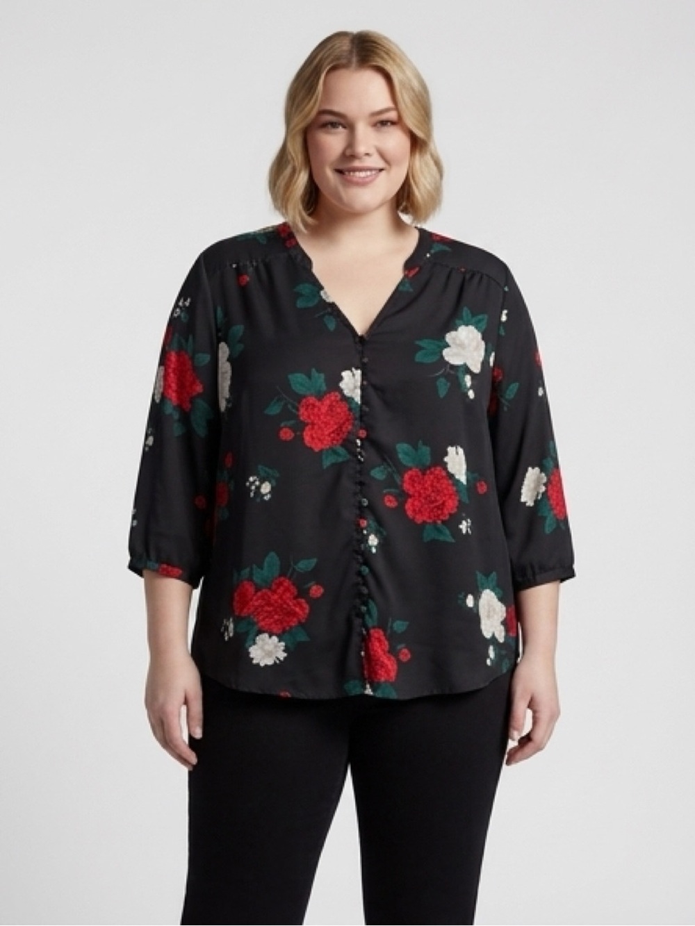 torrid Black Floral Button-Front V-Neck Blouse with Red & Cream Flowers